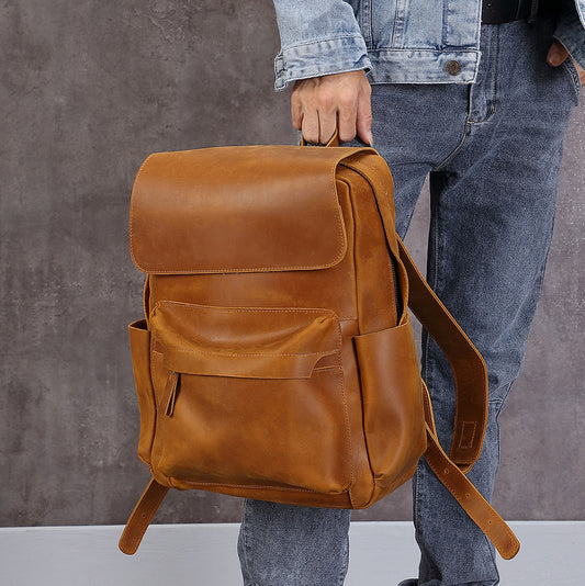 Li Ji | Original handmade genuine leather | Crazy Horse Leather Men's Cow Leather Large Capacity Backpack No. 0268 