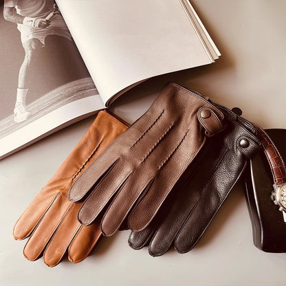 Li Ji | Original handmade genuine leather | Imported deerskin winter warm cashmere lined driving gloves No. EM012