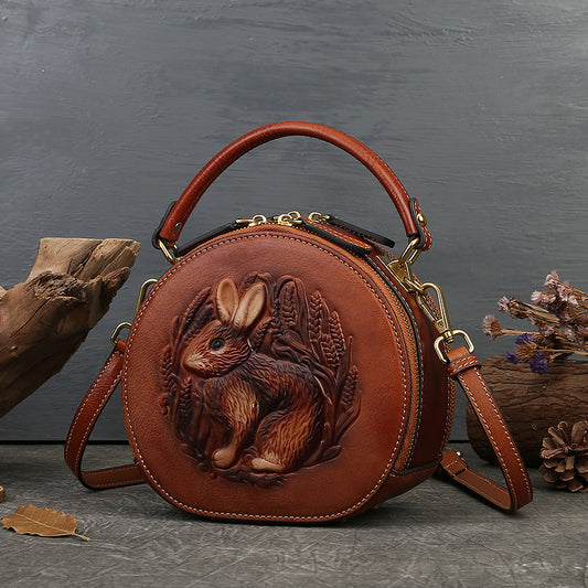 Li Ji | Original leather handmade | Retro Rabbit embossed うさぎ small round bag No. 6332 