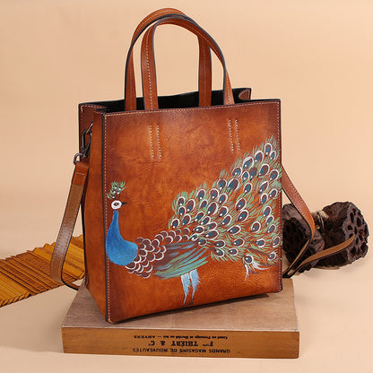 Li Ji | Original handmade | Retro leather tote bag with peacock pattern No. 3230 