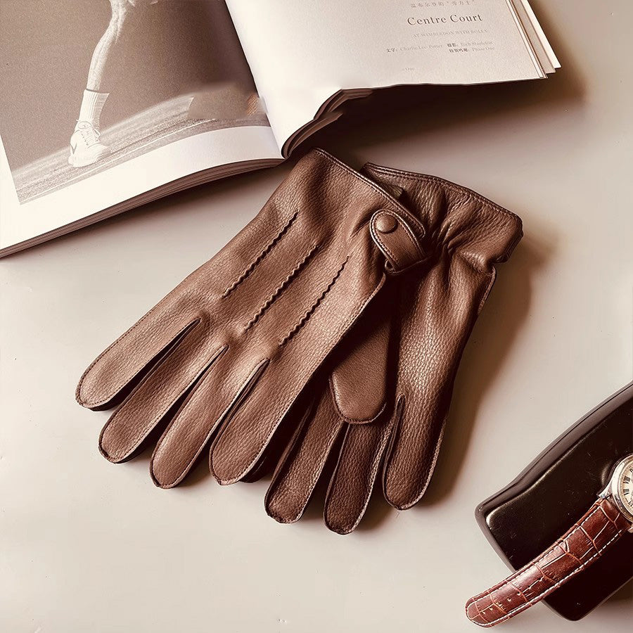 Li Ji | Original handmade genuine leather | Imported deerskin winter warm cashmere lined driving gloves No. EM012