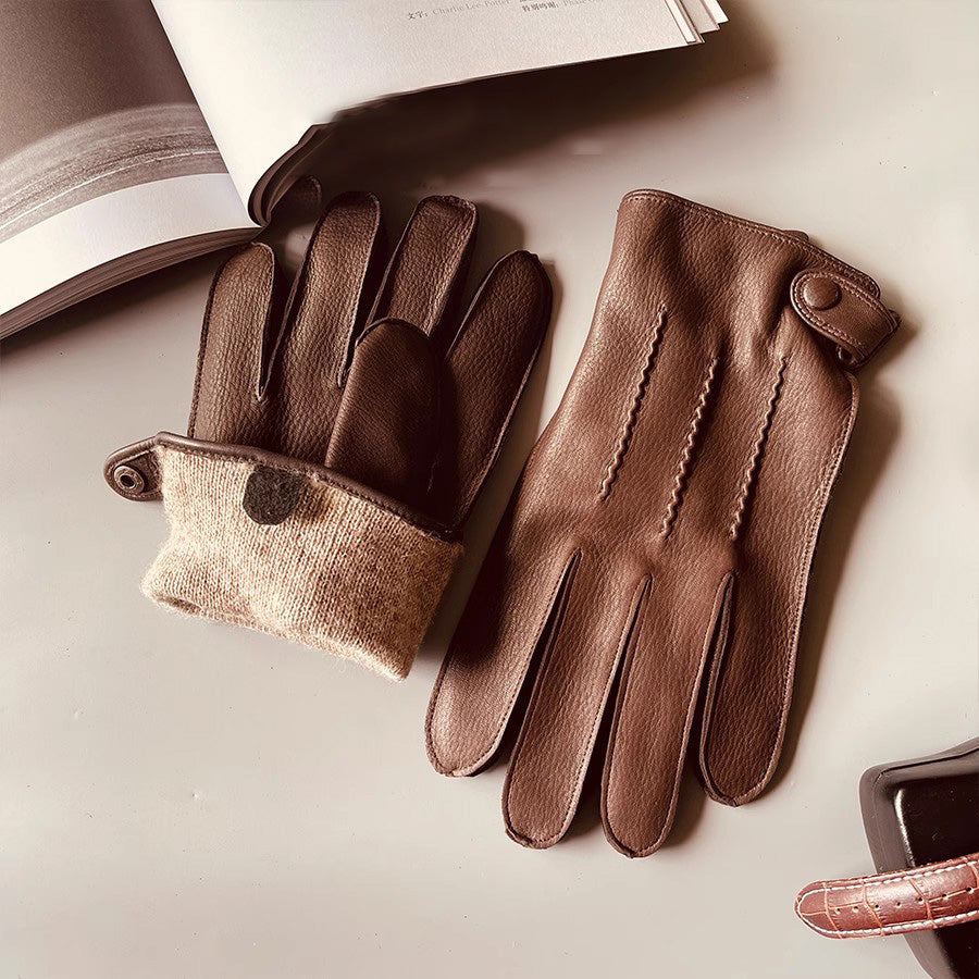 Li Ji | Original handmade genuine leather | Imported deerskin winter warm cashmere lined driving gloves No. EM012