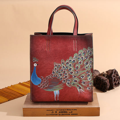 Li Ji | Original handmade | Retro leather tote bag with peacock pattern No. 3230 