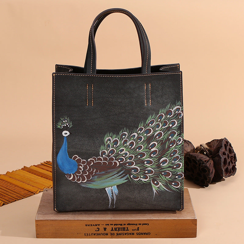 Li Ji | Original handmade | Retro leather tote bag with peacock pattern No. 3230 