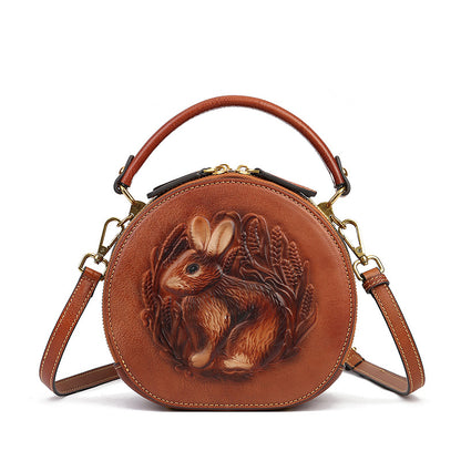 Li Ji | Original leather handmade | Retro Rabbit embossed うさぎ small round bag No. 6332 