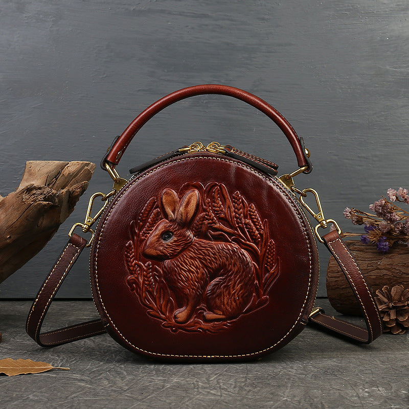 Li Ji | Original leather handmade | Retro Rabbit embossed うさぎ small round bag No. 6332 