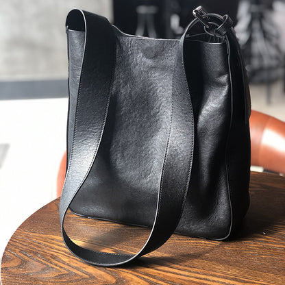 Li Ji | Original handmade leather | Korean style wide shoulder strap retro temperament slant bucket bag No. 20214 