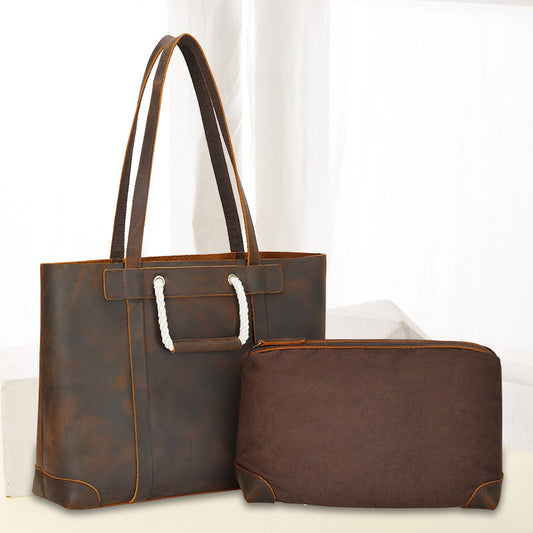 Li Ji | Original handmade leather | Crazy horse leather double-sided carryable double handle tote bag No. 2393 