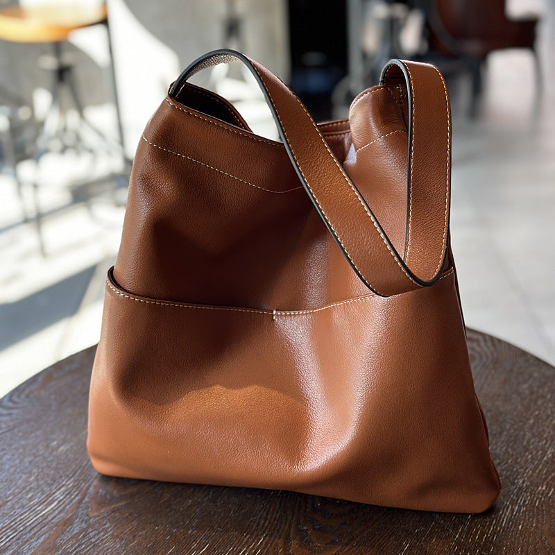 Li Ji | Original handmade genuine leather | Lazy style simple first-layer cowhide tote bag No. 24001 