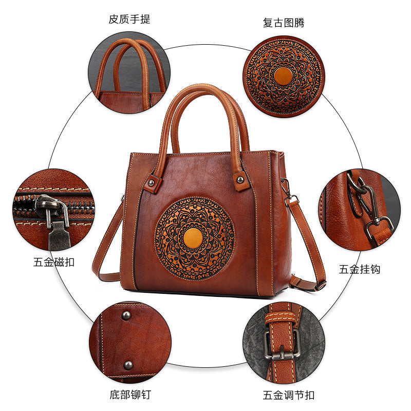 Li Ji | Original handmade leather | Retro totem バッmulti-compartment トート tote bag No. 3299 