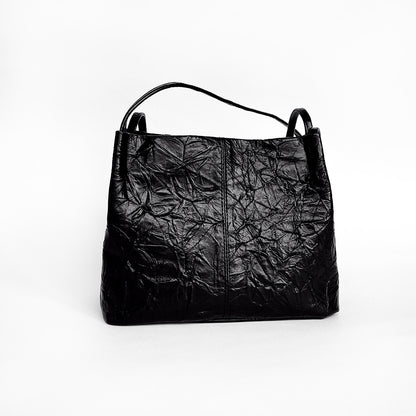 Li Ji | Original handmade genuine leather | First-layer hand-scratch pattern lightweight casual black shopping bag No. 528 