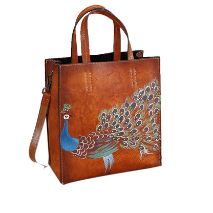 Li Ji | Original handmade | Retro leather tote bag with peacock pattern No. 3230 