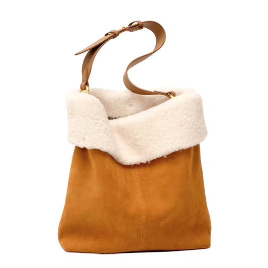 Li Ji | Original handmade leather | Autumn matte texture casual lamb wool contrasting color tote bag No. 77245