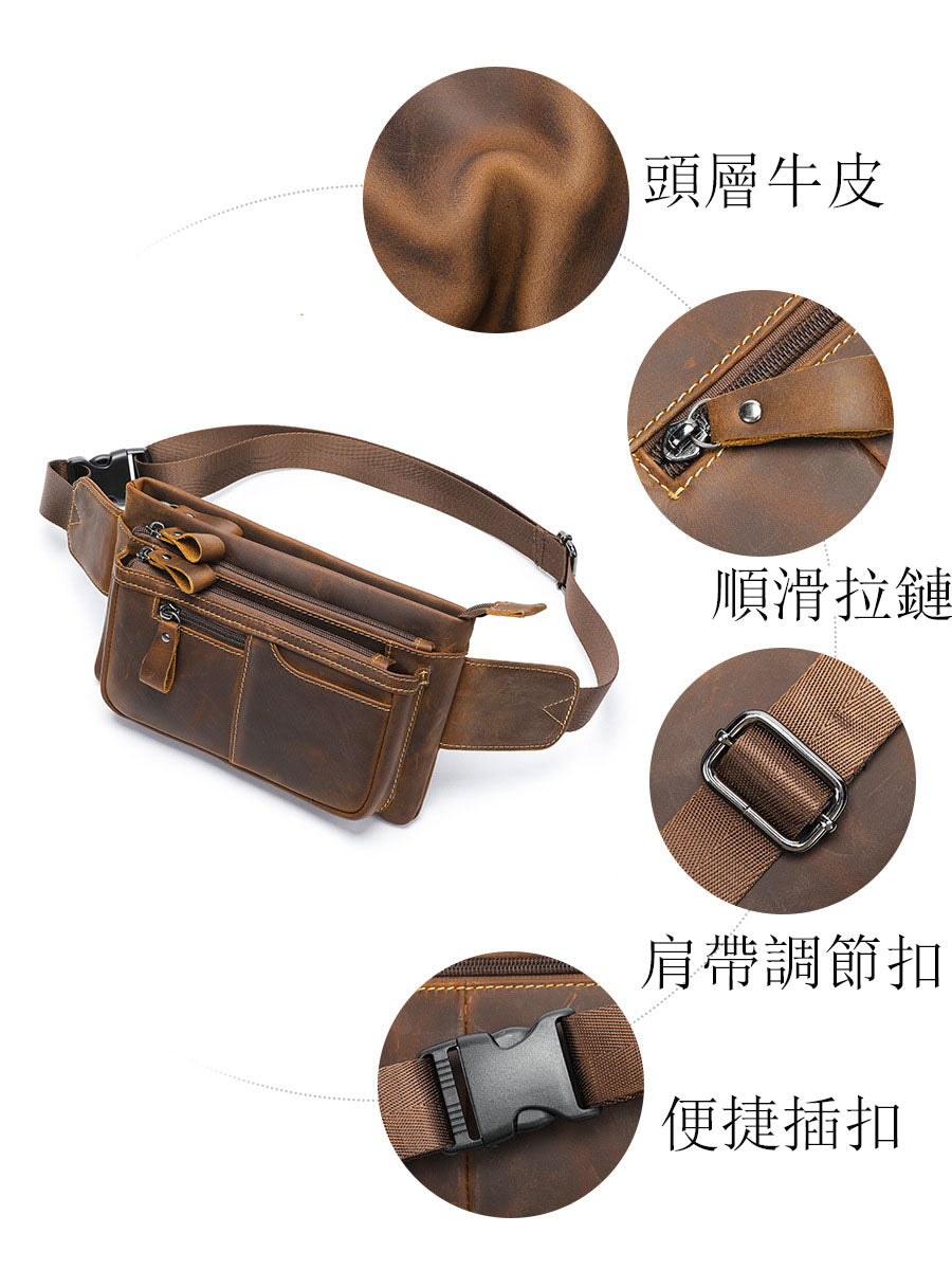 Li Ji | Original handmade genuine leather | Vintage free cutter functional waist bag No. 8953