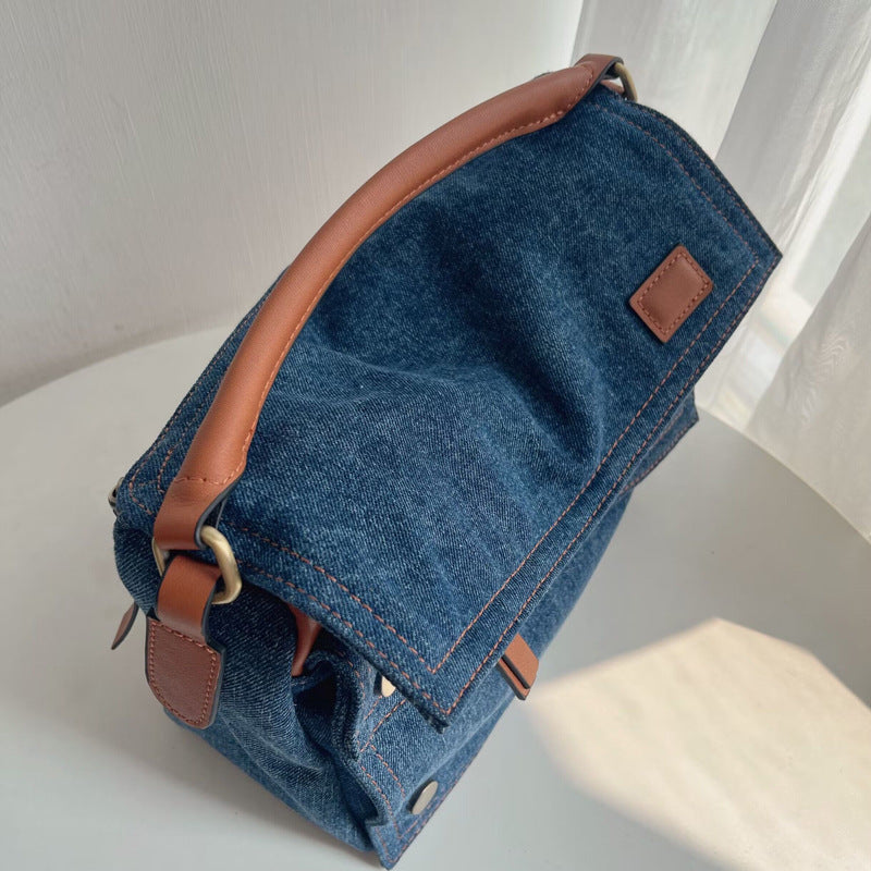 Li Ji | Original handmade leather | Full of design ~ fashionable spliced ​​denim and cowhide second-hand bag No. 9548 