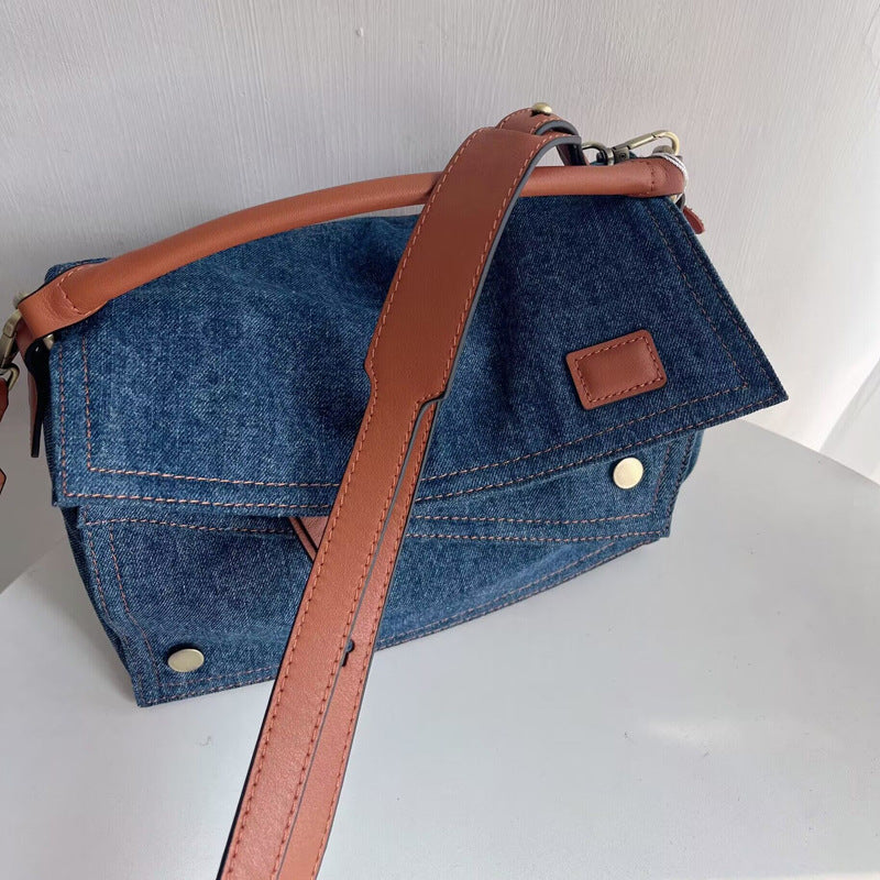 Li Ji | Original handmade leather | Full of design ~ fashionable spliced ​​denim and cowhide second-hand bag No. 9548 