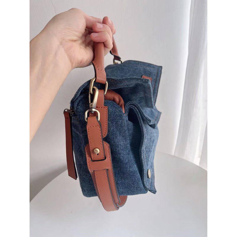 Li Ji | Original handmade leather | Full of design ~ fashionable spliced ​​denim and cowhide second-hand bag No. 9548 