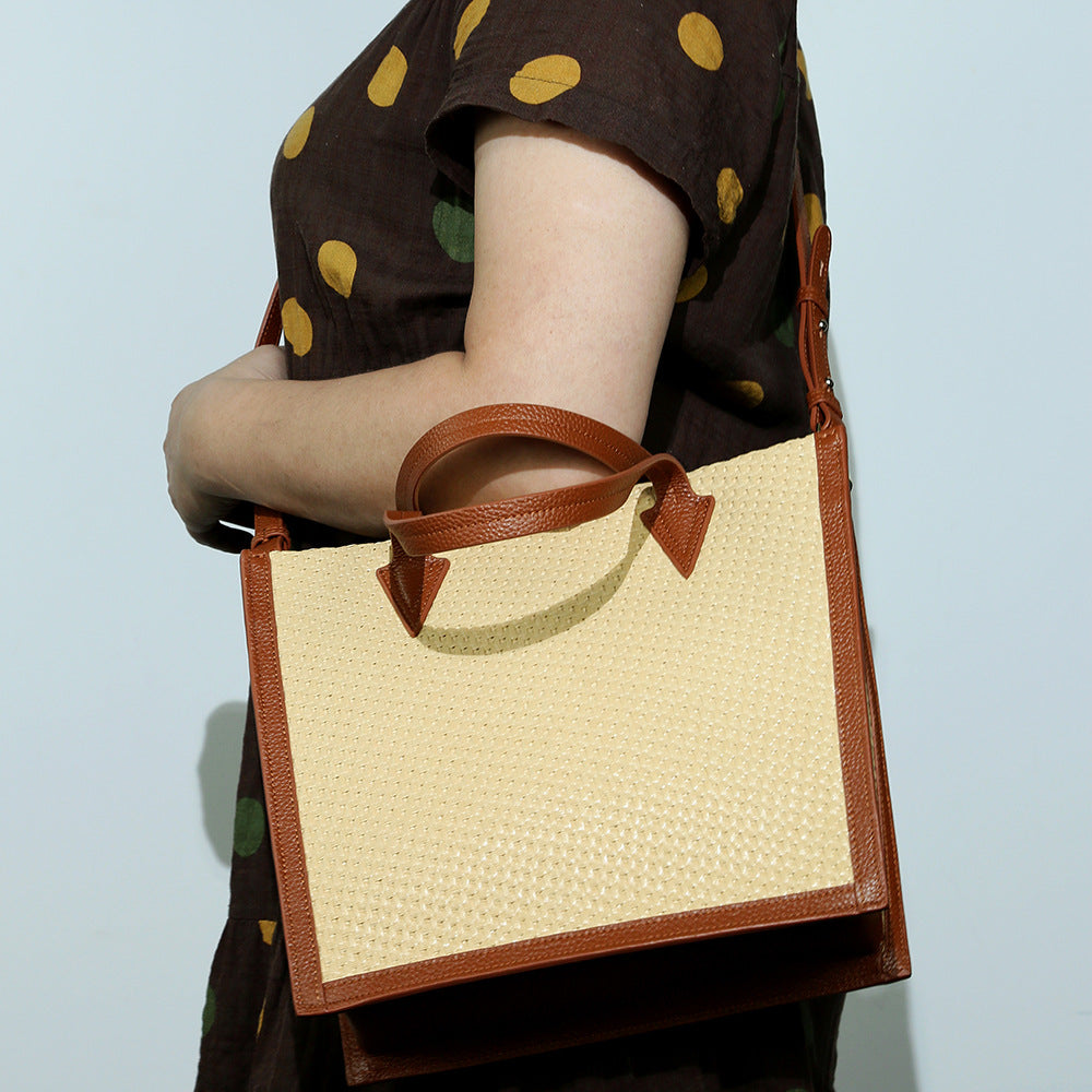 Li Ji | Original handmade genuine leather | High quality わら raffia woven tote bag No. D114