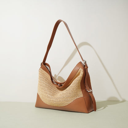 Li Ji | Original handmade genuine leather | First-layer cowhide + handmade straw beach tote bag No. F9791B