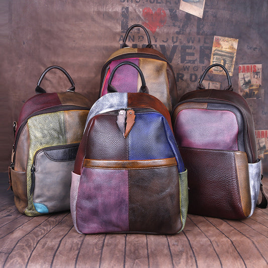 Li Ji | Original genuine leather | First-layer cowhide contrasting color patchwork leather hand-rubbed backpack No. 7C305