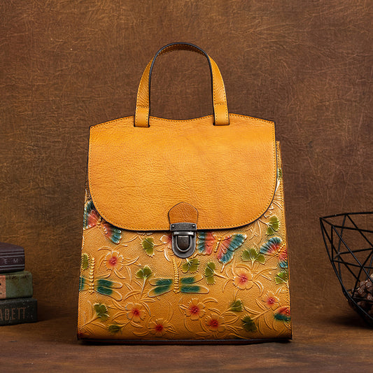 Li Ji | Original handmade genuine leather | Dragonfly butterfly embossed first layer cowhide back/handbag No. 8C320