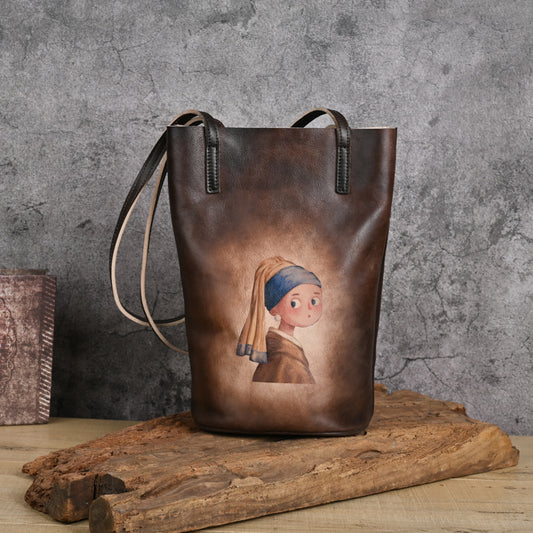 Li Ji | Original handmade genuine leather | First-layer cowhide lazy style literary retro printed hand-rubbed color bucket bag No. 2301