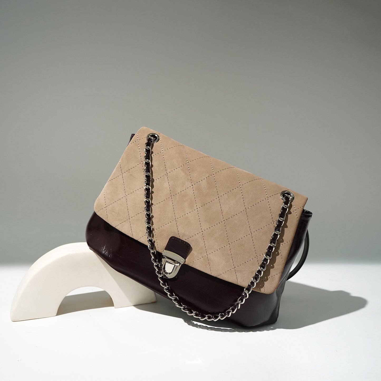 Li Ji | Original handmade genuine leather | Large-capacity matte leather plaid color-blocking shoulder bag No. M7780