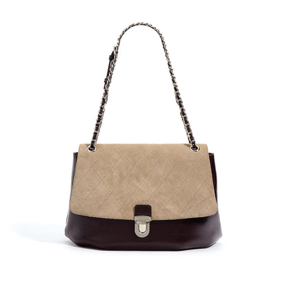 Li Ji | Original handmade genuine leather | Large-capacity matte leather plaid color-blocking shoulder bag No. M7780