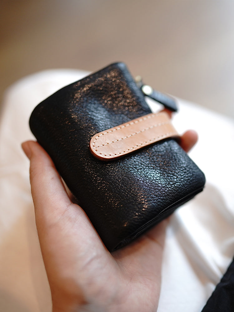 Li Ji | Original handmade genuine leather | Soft retro contrast color compact buckle short wallet pj97 