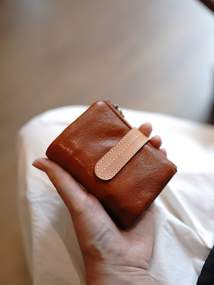 Li Ji | Original handmade genuine leather | Soft retro contrast color compact buckle short wallet pj97 