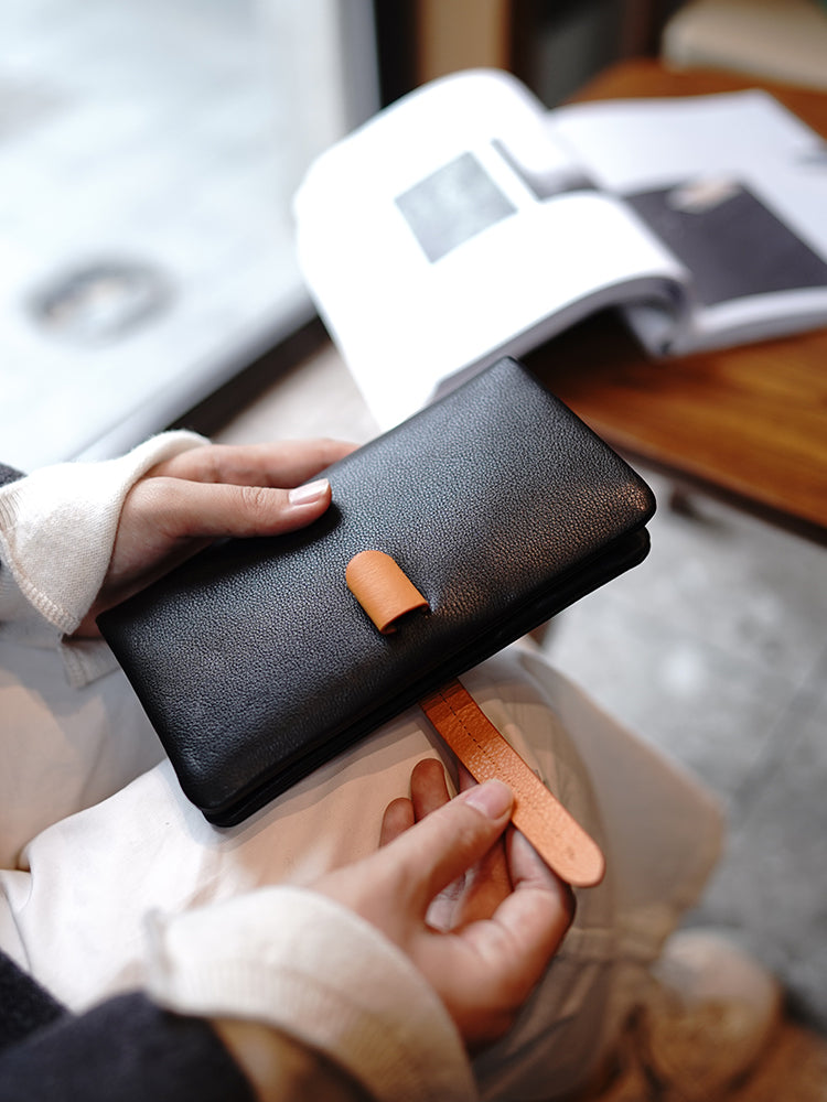 Li Ji | Original handmade genuine leather | Practical long wallet with contrasting colors and multiple card slots pj99 