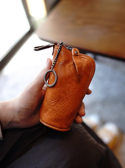 Li Ji | Original handmade genuine leather | Vegetable-tanned cowhide leather シンプルでレトロな zipper small storage/key bag M34997