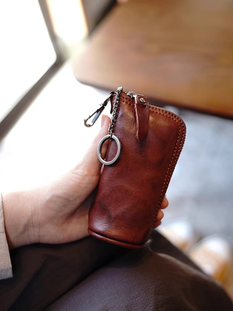 Li Ji | Original handmade genuine leather | Vegetable-tanned cowhide leather シンプルでレトロな zipper small storage/key bag M34997