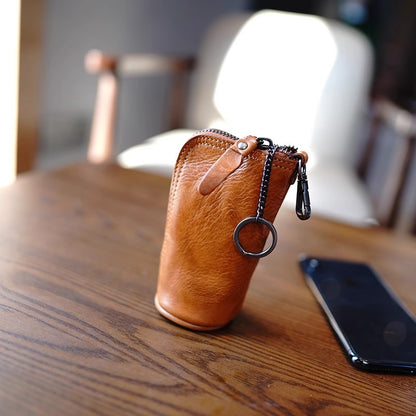 Li Ji | Original handmade genuine leather | Vegetable-tanned cowhide leather シンプルでレトロな zipper small storage/key bag M34997