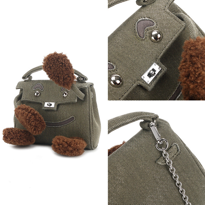 Li Ji | Original handmade leather | Cute ~ little monster plush denim smiley Kelly bag SM1195 