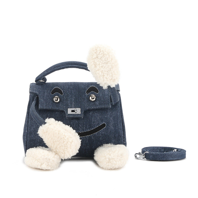 Li Ji | Original handmade leather | Cute ~ little monster plush denim smiley Kelly bag SM1195 