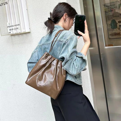 Li Ji | Original handmade leather | Simple and lazy style ロープciteき large capacity bucket bag No. w3025