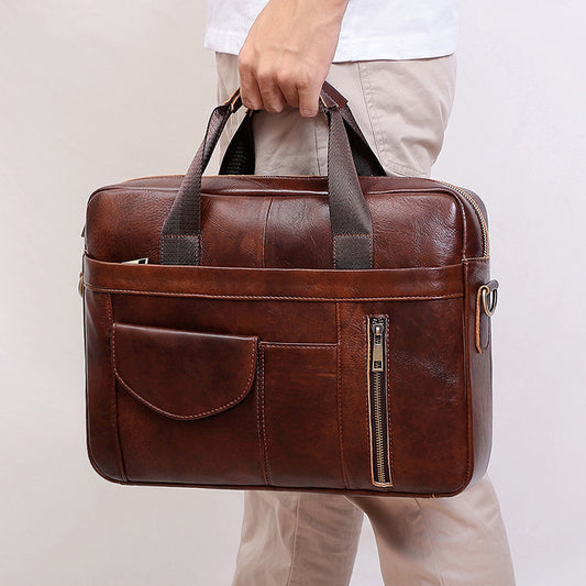 Li Ji | Original handmade genuine leather | 15.6-inch crossbody briefcase laptop-typing briefcase No. 6504 