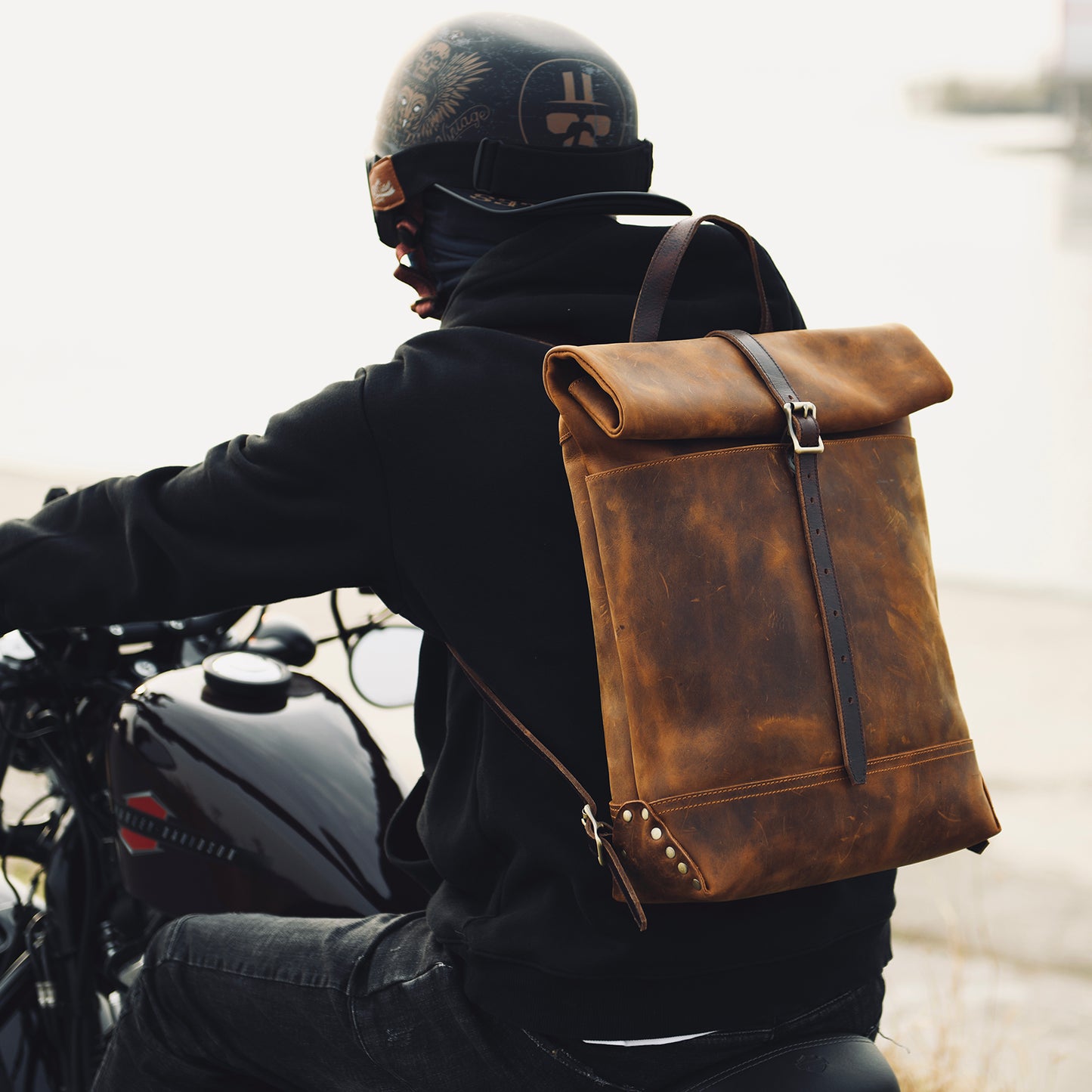 Li Ji | Original handmade leather | American retro roll-top bag Crazy Horse Leather Motorcycle Heavy Industry No. 8633 (full leather inside and outside)