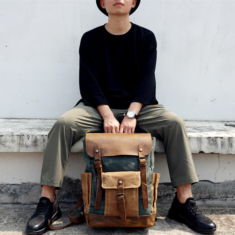 Li Ji | Original leather handmade | Retro outdoor backpack canvas bag No. 8838