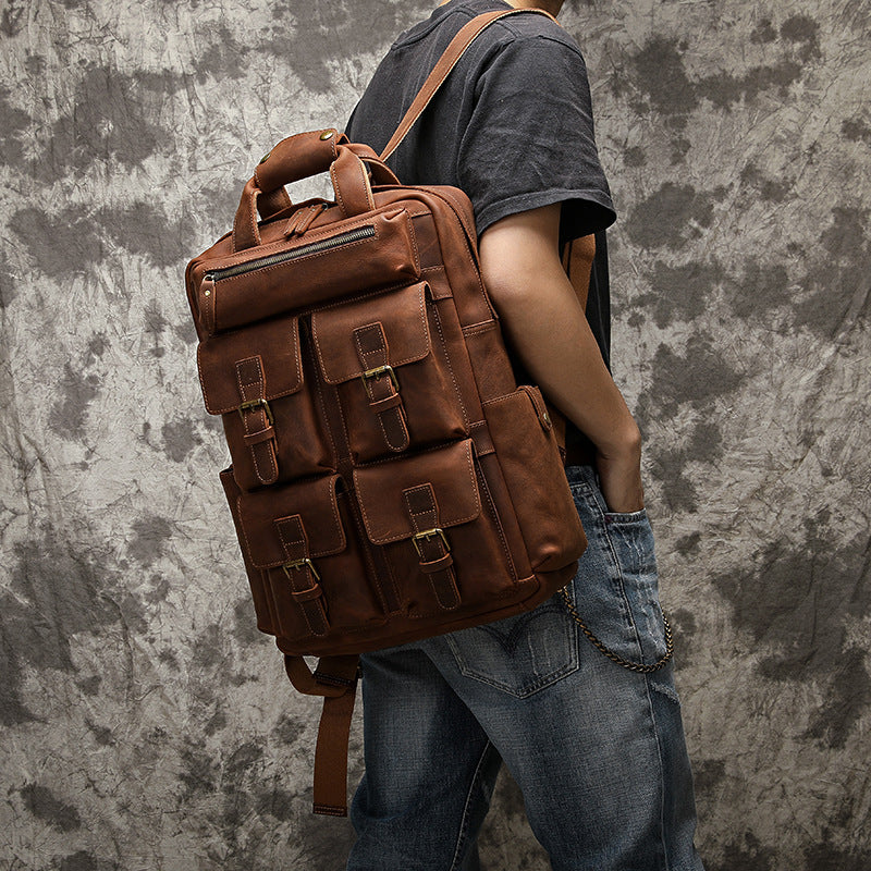 Li Ji | Original handmade leather | European and American retro multi-pocket business backpack No. A9065