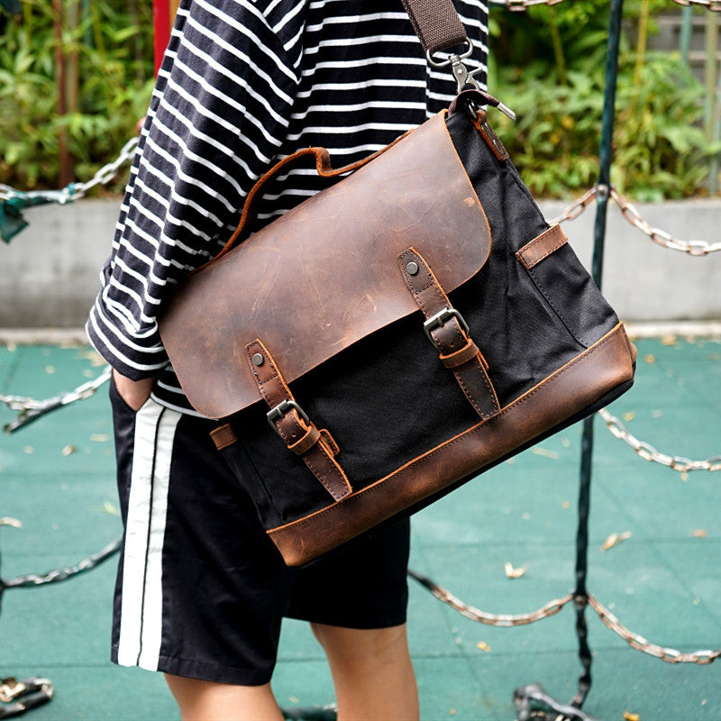 Li Ji | Original handmade leather | Canvas spliced ​​with crazy horse leather - Messenger bag SG684D