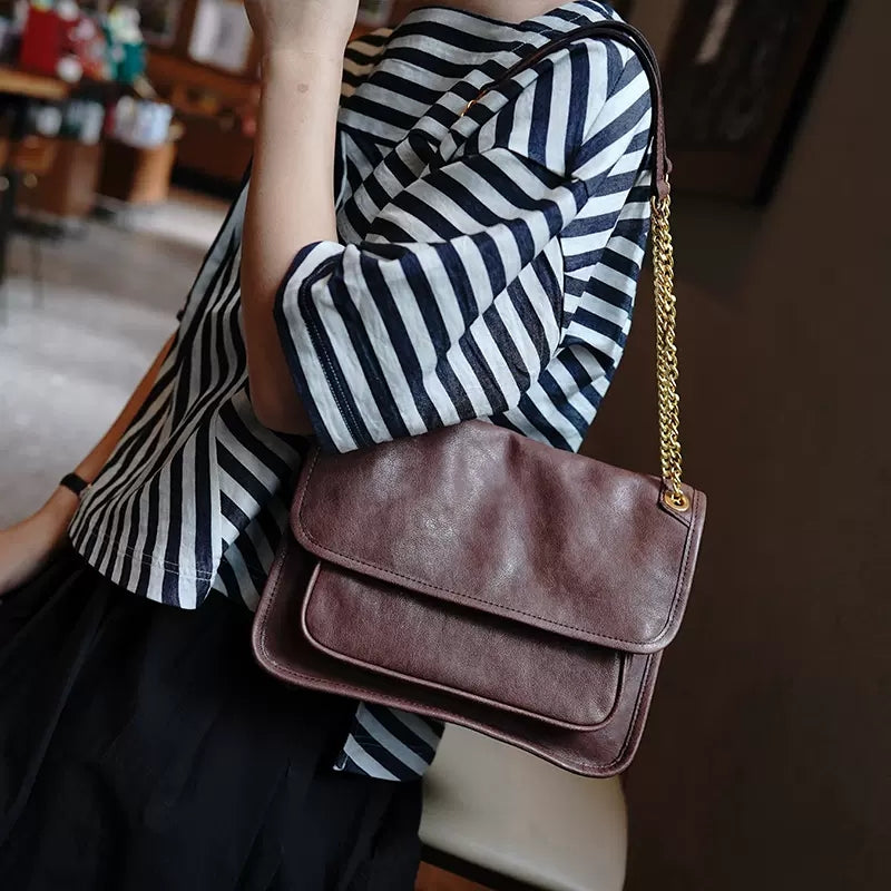 Li Ji | Original handmade genuine leather | Tanned leather chain postman small square bag M6207