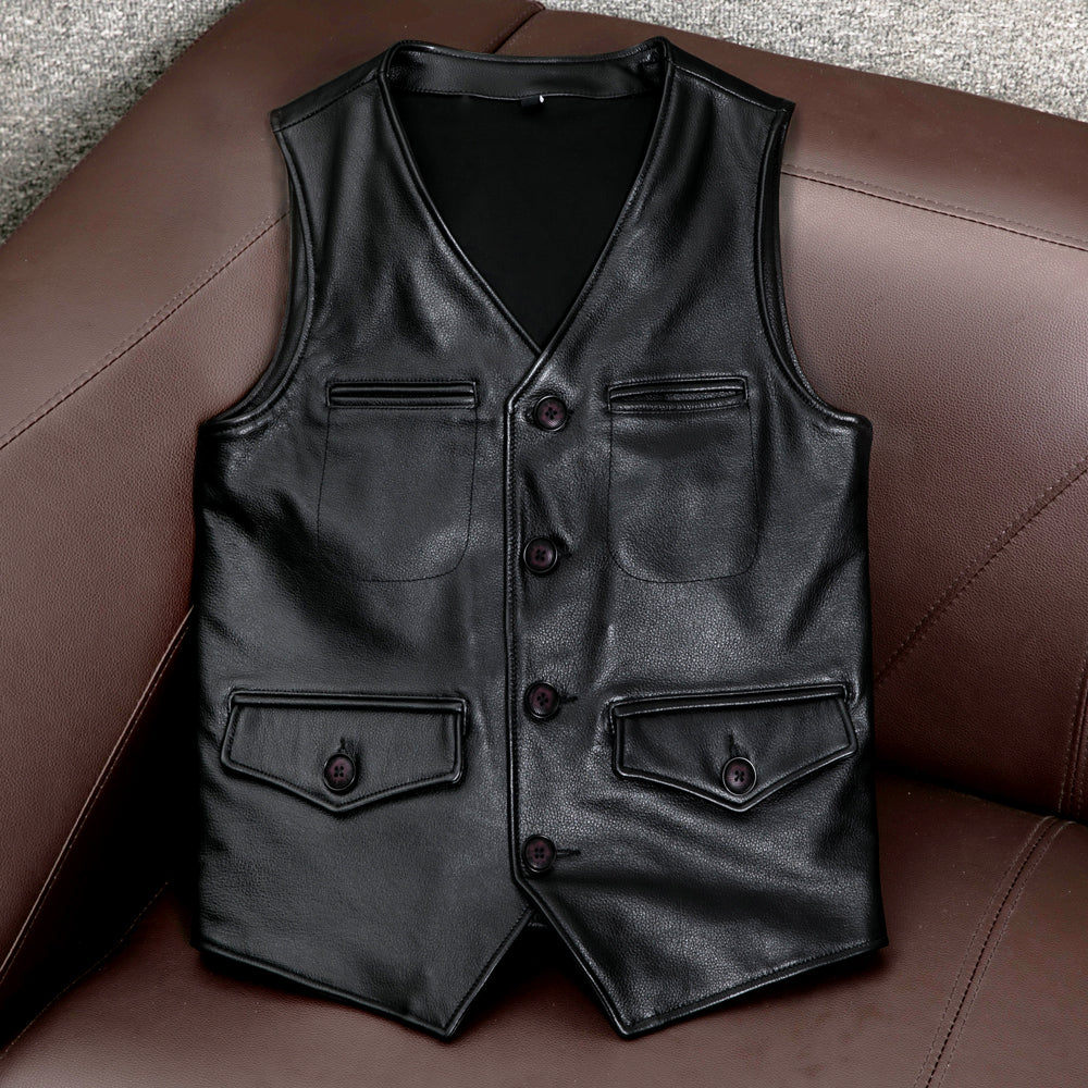 Li Ji | Original | First-layer pure cowhide genuine leather vest short V-neck vest leather waistcoat No. 1923