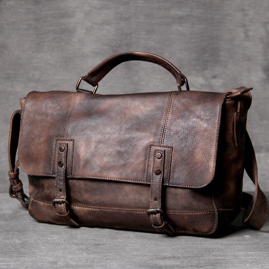 Li Ji | Vintage distressed original vegetable tanned leather messenger bag No. 9098