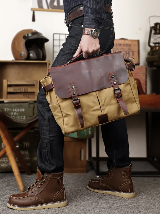 Li Ji | Original handmade leather | Military-grade waterproof canvas and top layer leather vintage large messenger bag No. FG528 