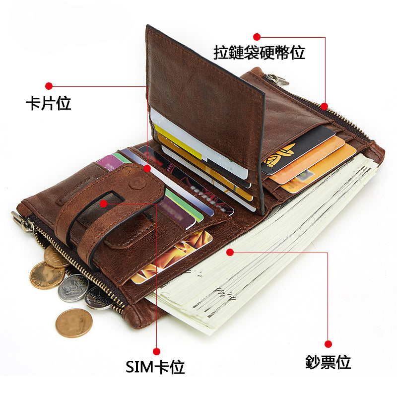 Li Ji Original Leather Handmade | RFID Genuine Leather Wallet Double Zipper Multiple Card Slots Retro Money Clip Coin Purse No. 2059