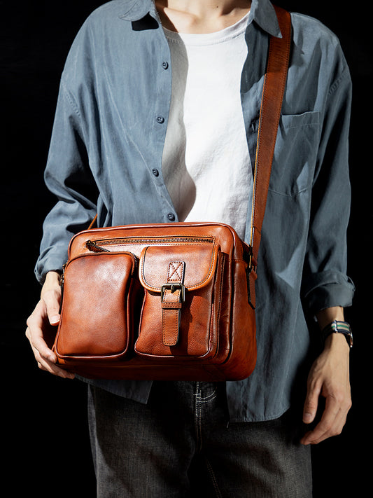 Li Ji | Original handmade cowhide | Cow leather structure, storage messenger bag No. 6818 