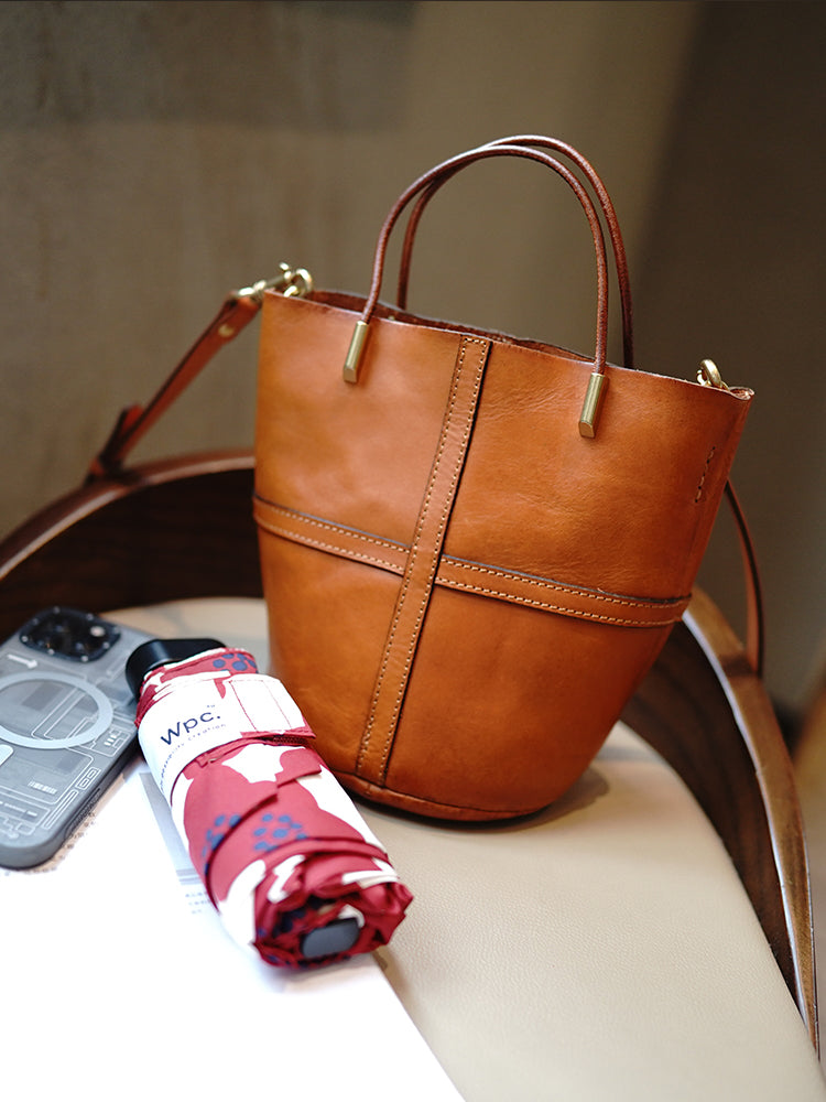 Li Ji | Original handmade | Tanned cow leather literary retro hand-carrying bucket bag No. M3113