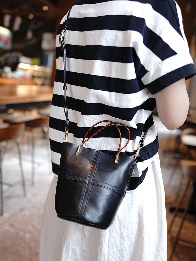 Li Ji | Original handmade | Tanned cow leather literary retro hand-carrying bucket bag No. M3113